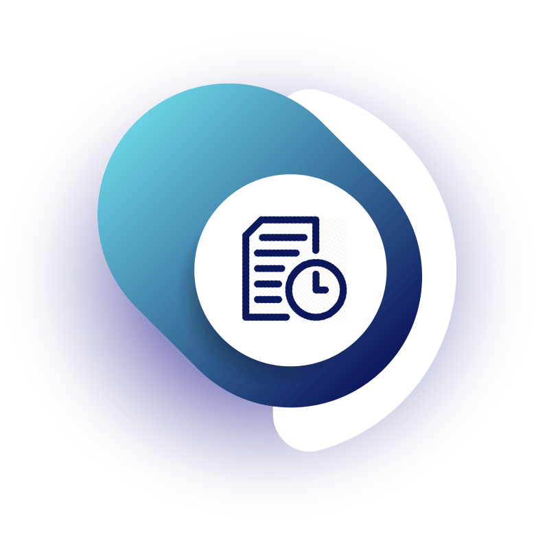 A blue circle with a clock and a piece of paper inside of it.