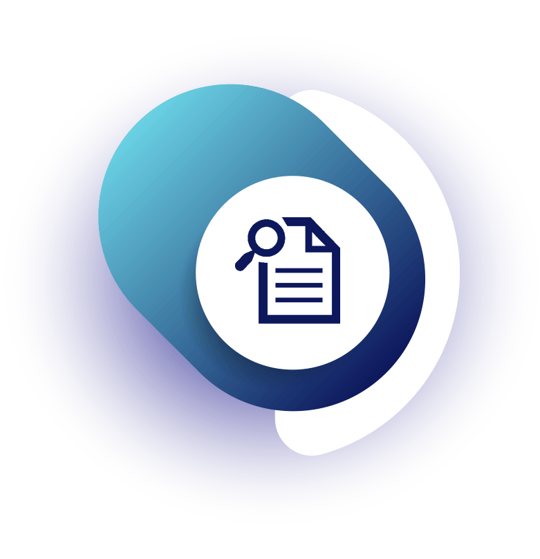 A blue circle with a magnifying glass and a piece of paper inside of it.