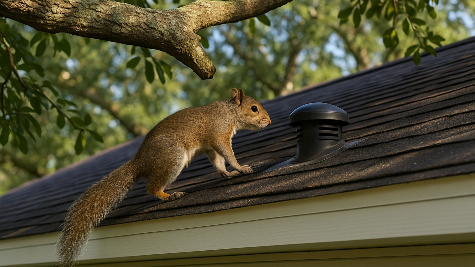 Squirrel on a rooftop near a vent, under a tree branch.
