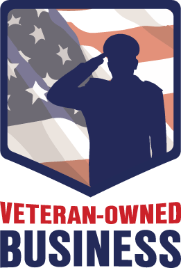Silhouette of a saluting soldier in front of an American flag, logo for Veteran-Owned Business.
