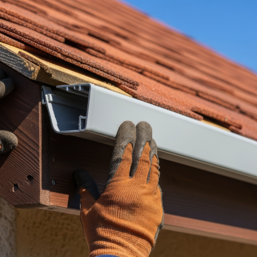 Gloved hand installing a gray gutter on a brown wooden roof edge, beneath a red shingle roof against a blue sky.