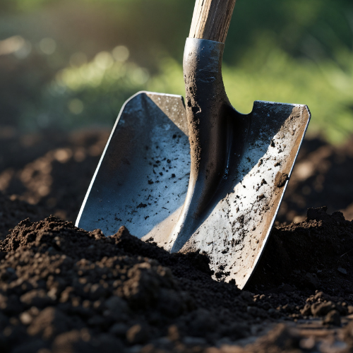 Shovel stuck in dark soil in a garden setting.