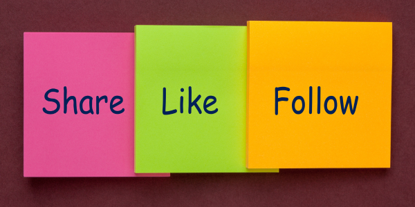 Share, Like, Follow on sticky notes in pink, green, and orange, against a maroon background.