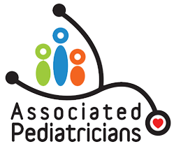 The logo for associated pediatricians shows a stethoscope and a heart.