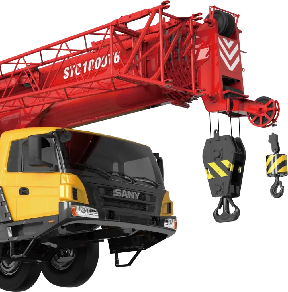 Yellow and black Sany truck with a red crane extended, showing hooks.