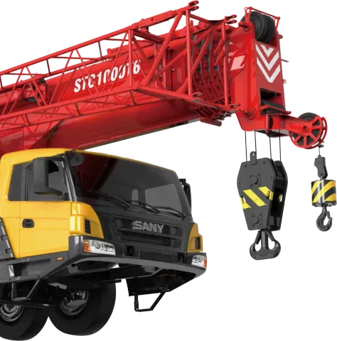 Yellow and black Sany truck with a red crane extended, showing hooks.