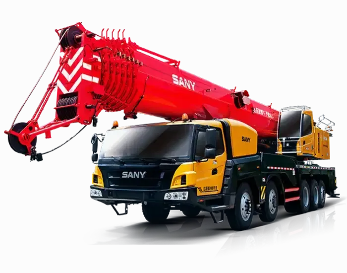 Red and yellow SANY crane truck.