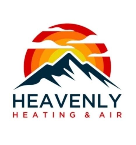 Heavenly Heating & Air logo with mountain silhouette and red-orange sunrise
