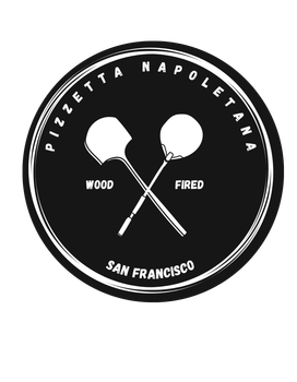 Black circular Pizza Napoletana logo with crossed pizza paddles and “Wood Fired” and “San Francisco” text