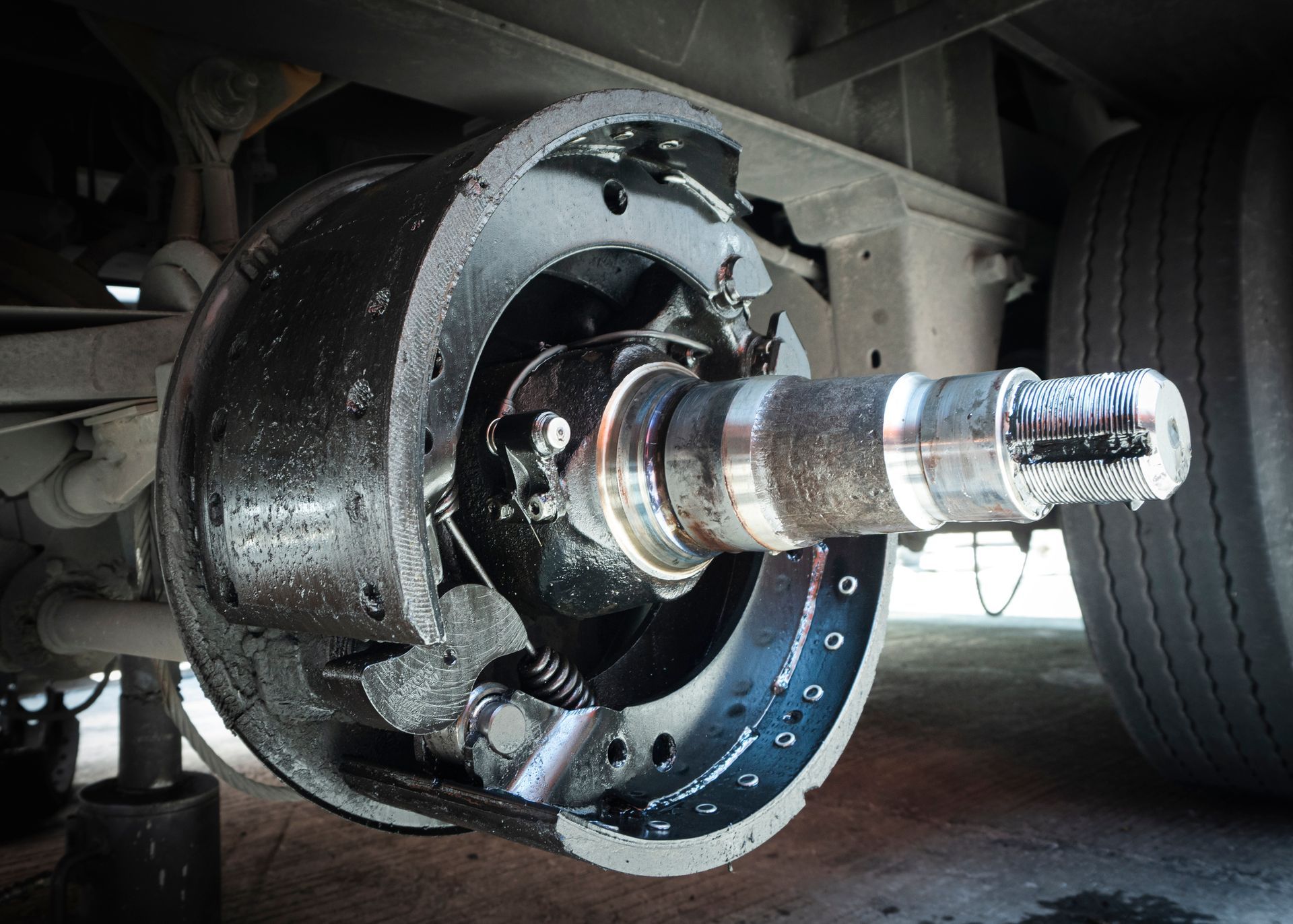 Brake pads of a truck trailer.
