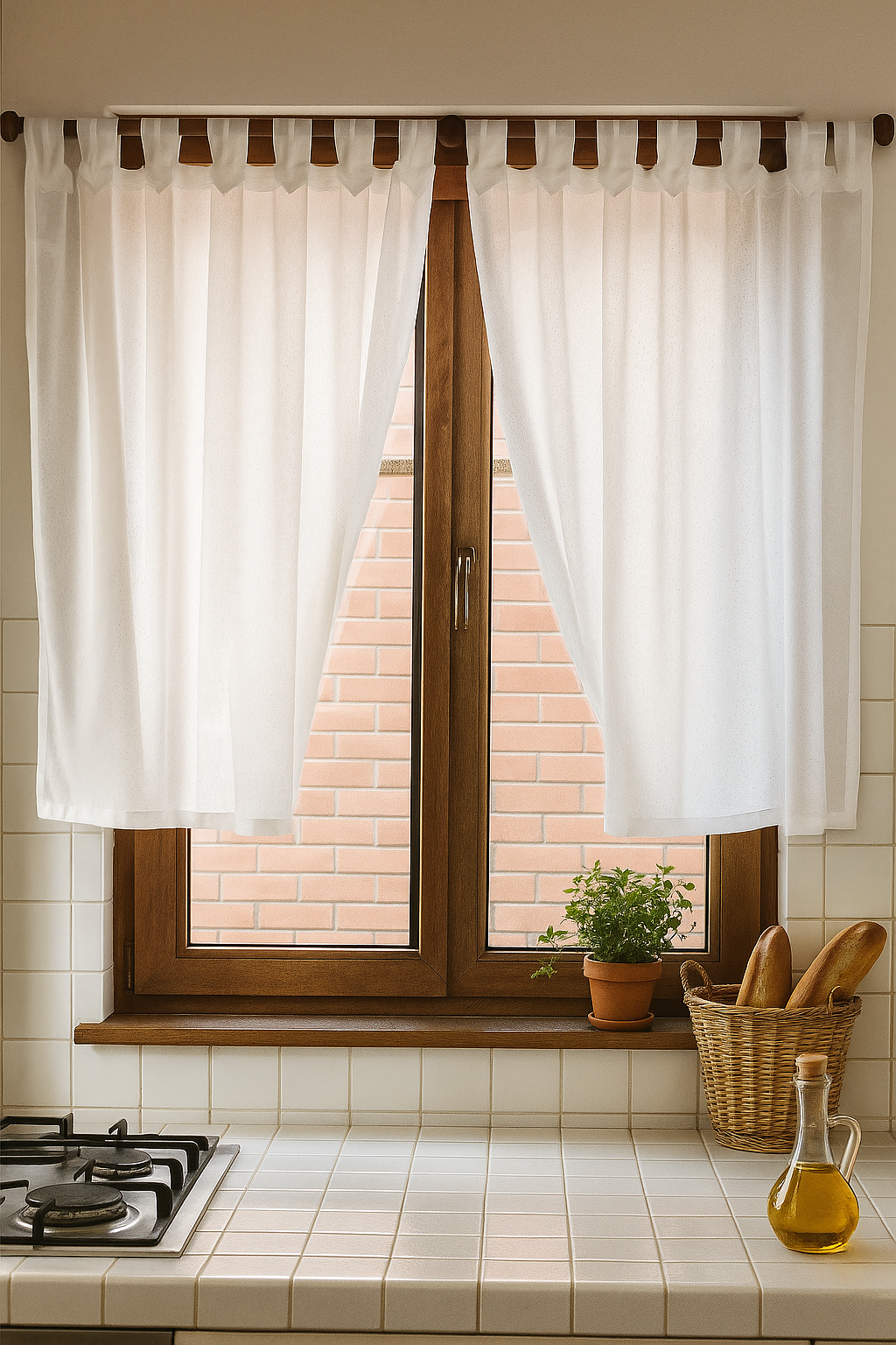 Una cocina con estufa y una ventana con cortinas blancas.