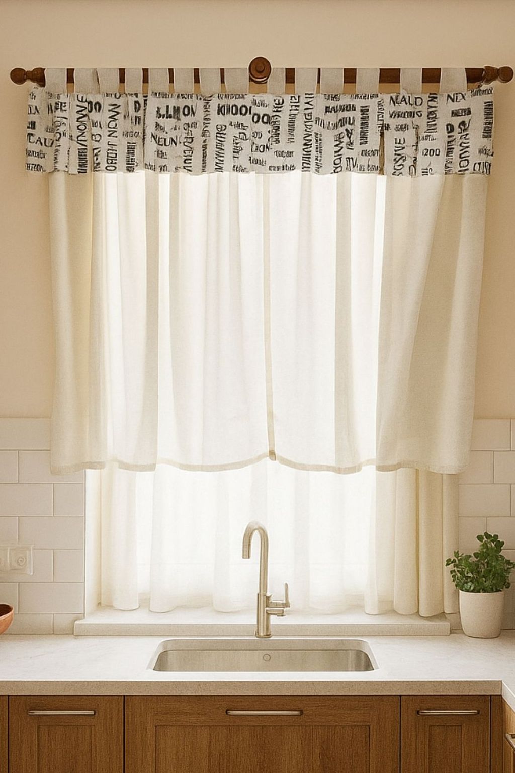 Una cocina con fregadero y cortinas en la ventana.