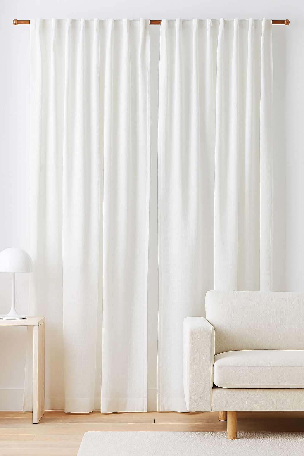 Una sala de estar con un sofá blanco y cortinas blancas.