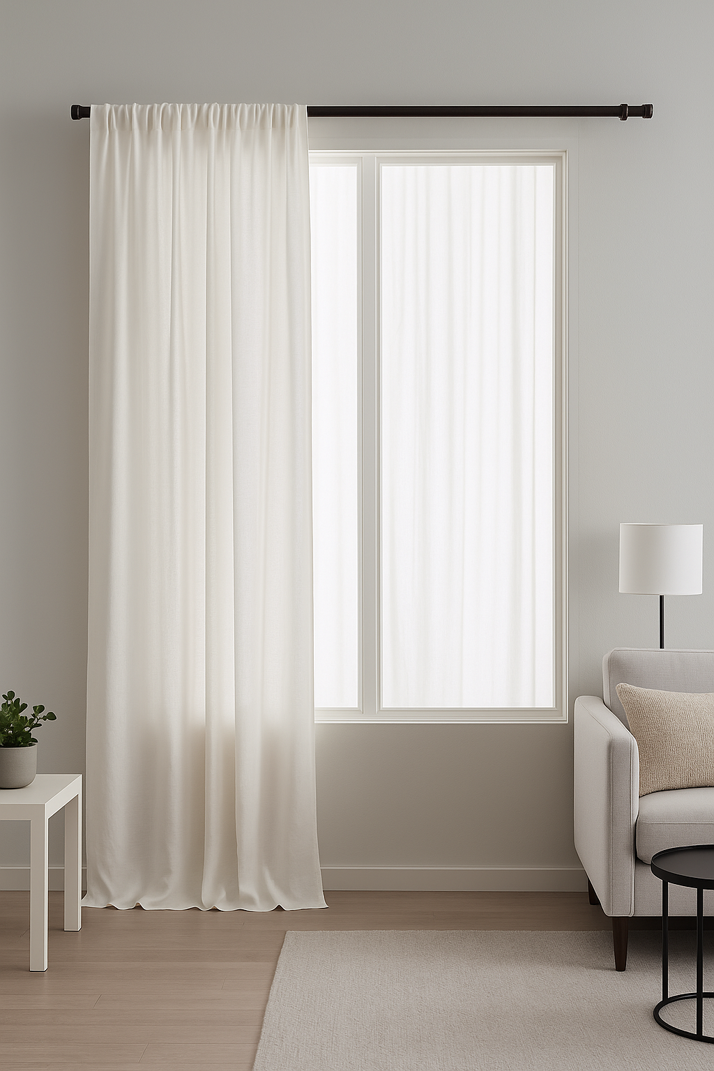 Una sala de estar con cortinas blancas y un sofá.