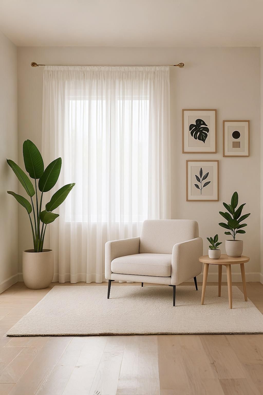 Una sala de estar con una silla, plantas y una ventana.