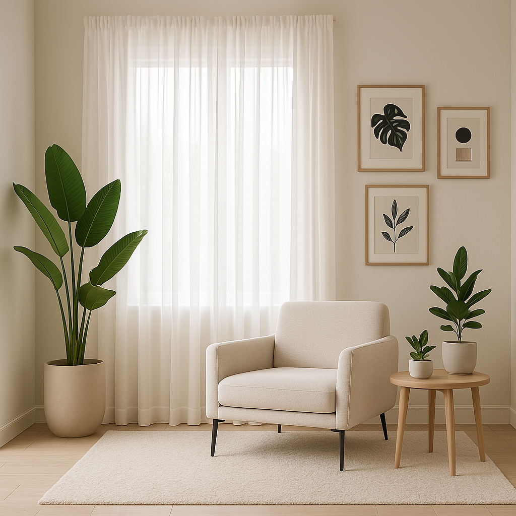 Una sala de estar con una silla, una mesa y plantas en macetas.