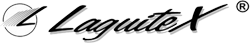 Un logotipo en blanco y negro para laguntex sobre un fondo blanco.