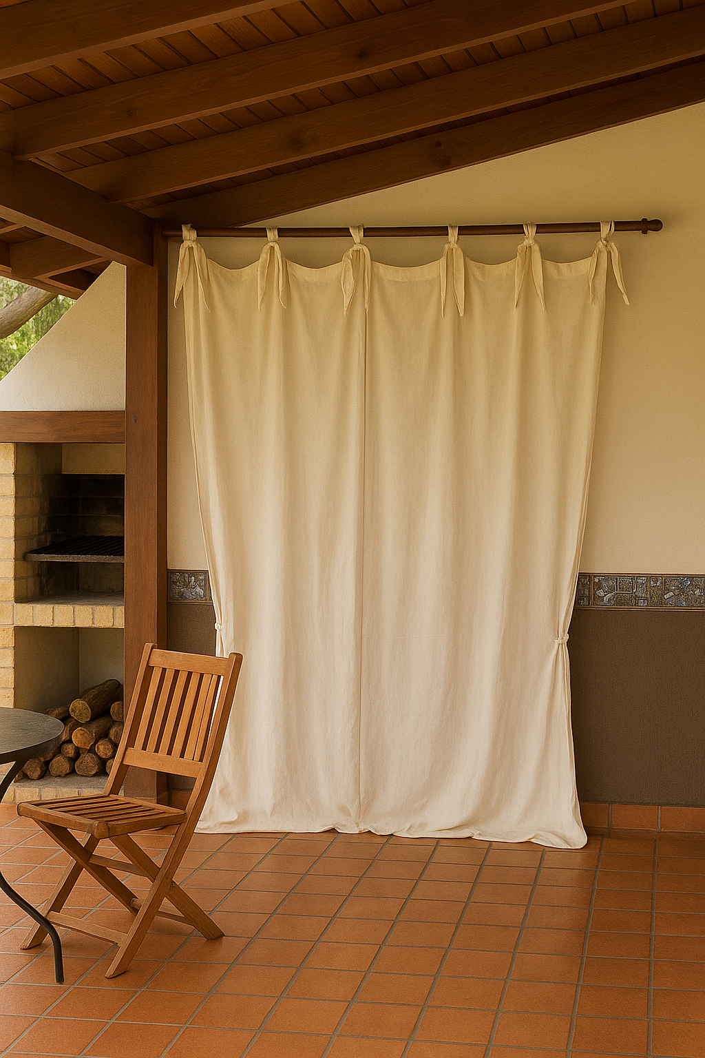 Una silla de madera está sentada frente a una cortina blanca en un patio.
