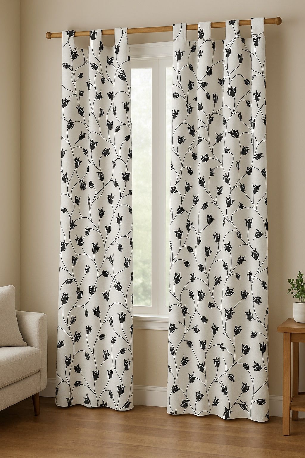 Un par de cortinas blancas y negras cuelgan de una ventana en una sala de estar.