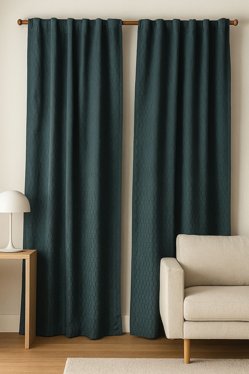 Una sala de estar con sofá, mesa, lámpara y cortinas azules.