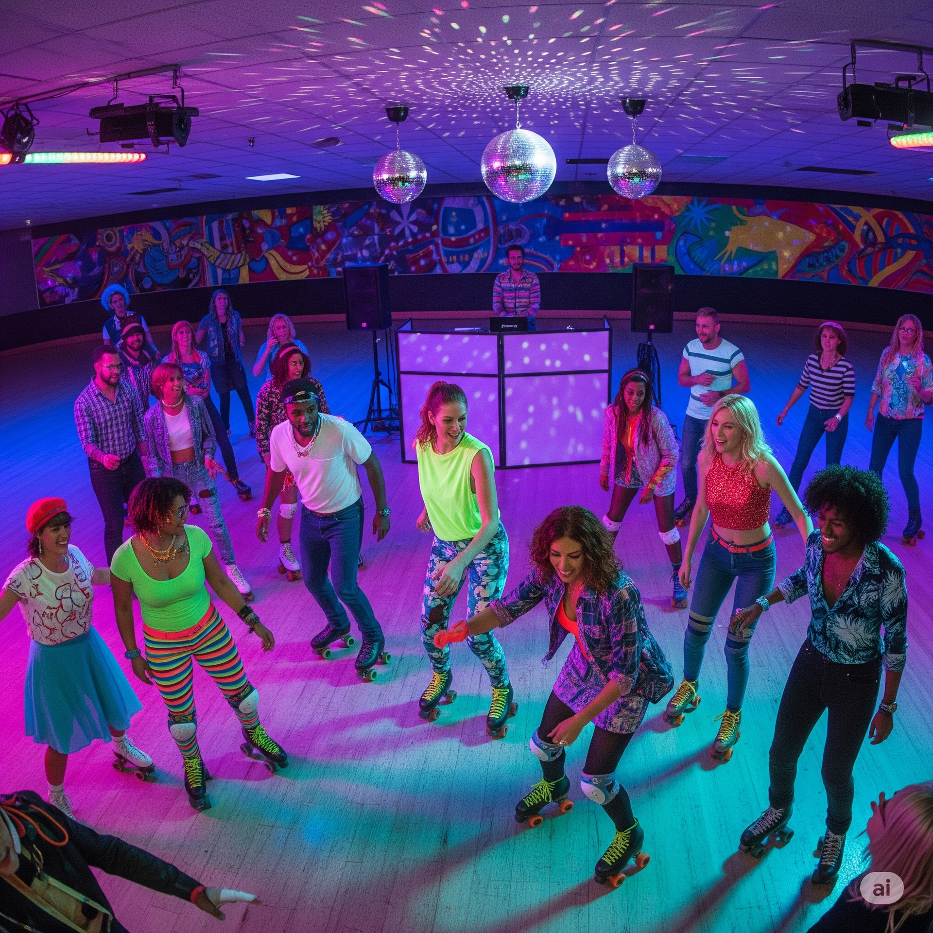 A group of people are dancing on a roller rink.