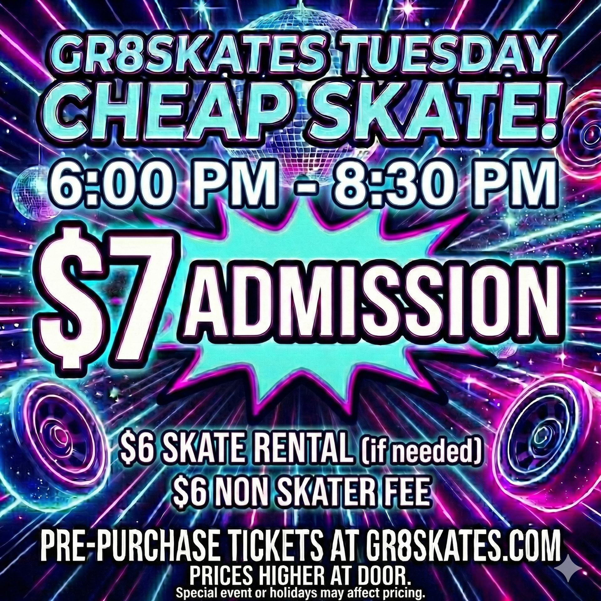 An advertisement for cheap skate tuesdays at gr8skates