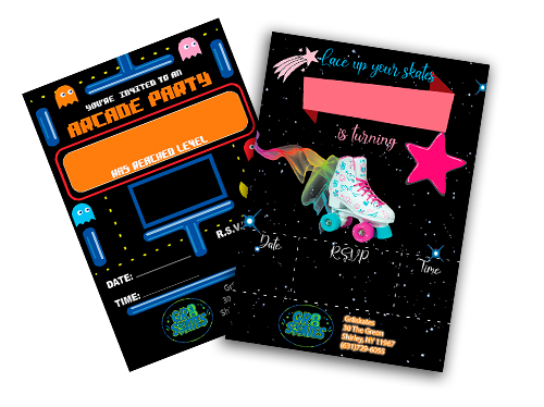 Two flyers for an arcade party with roller skates on them