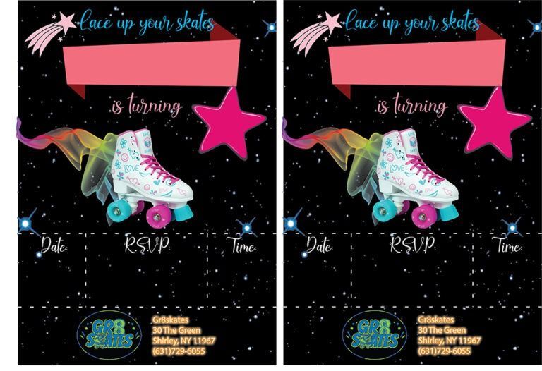 A birthday invitation with roller skates and stars on it