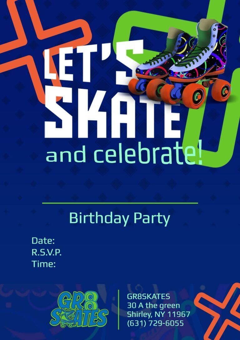 A birthday invitation that says let 's skate and celebrate