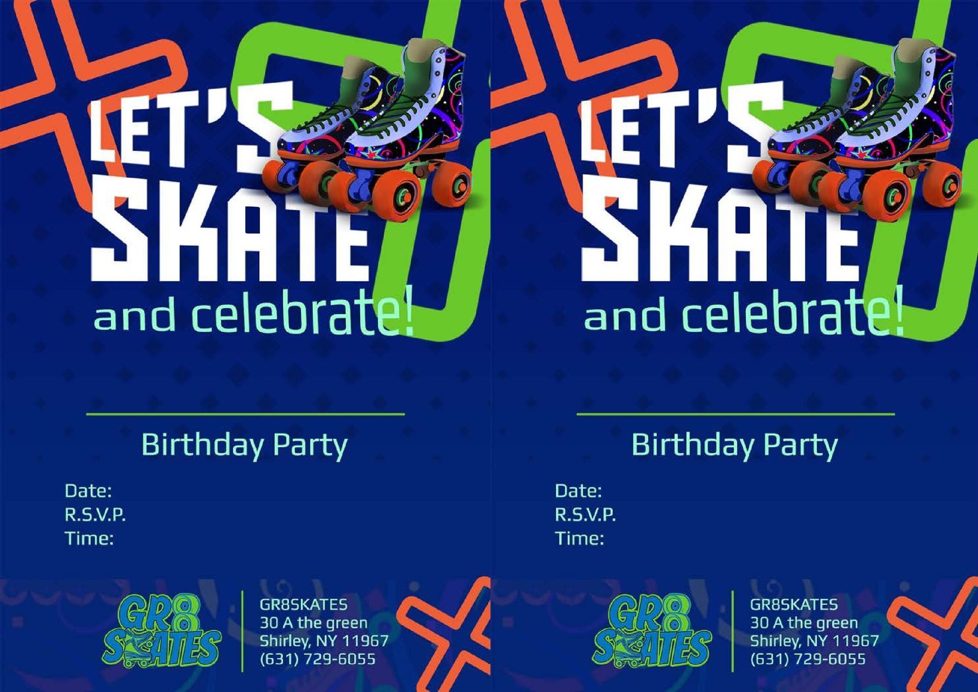 A birthday party invitation that says let 's skate and celebrate
