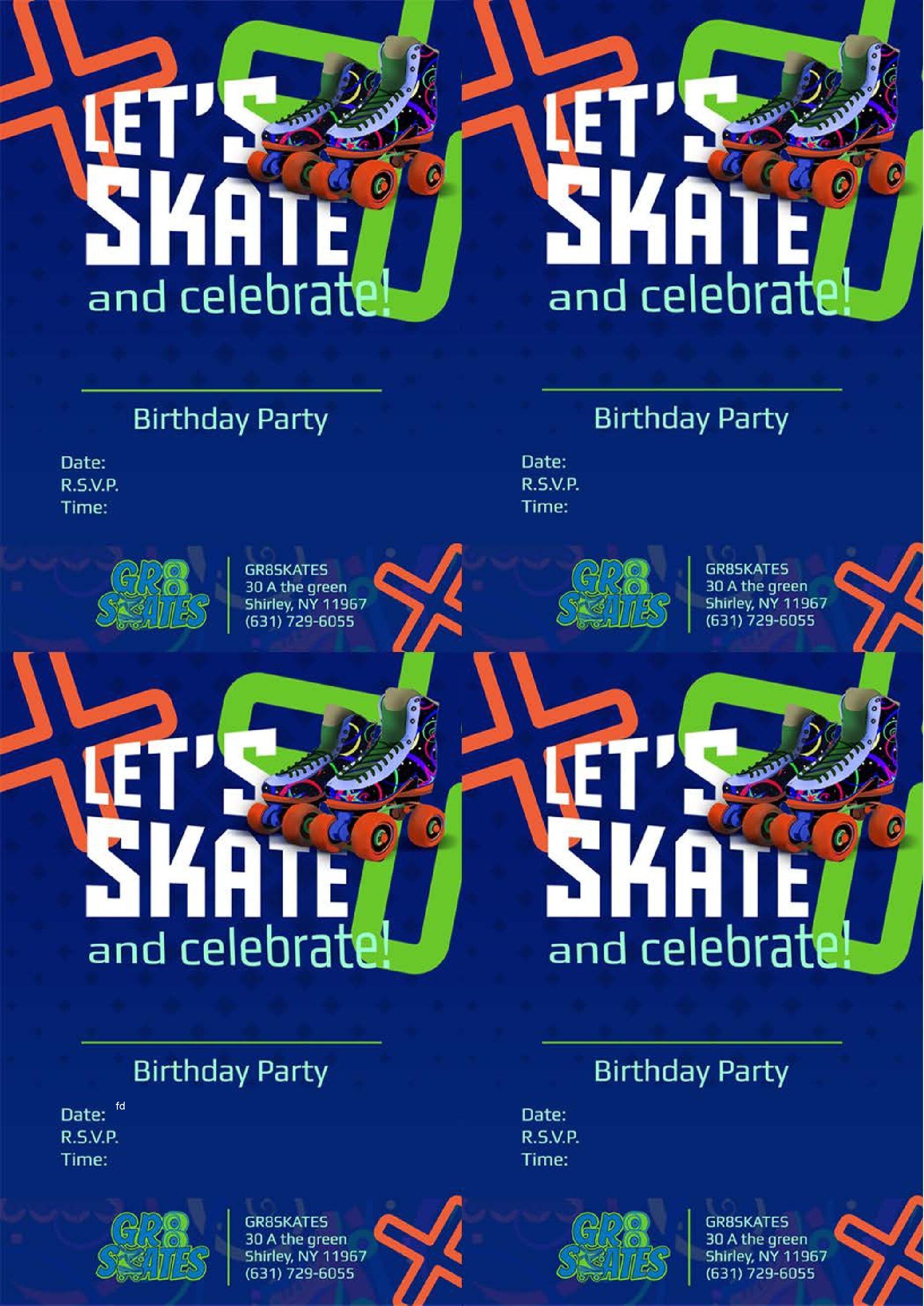 It is a birthday invitation that says `` let 's skate and celebrate ''.
