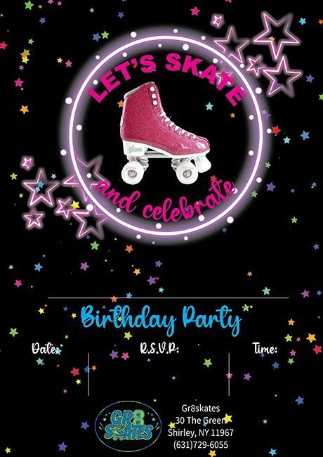 A birthday party invitation with a roller skate on it