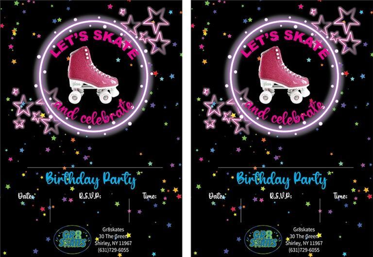 Two invitations for a birthday party with roller skates and stars