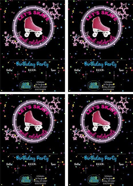 A set of four cards for a birthday party with roller skates on them.