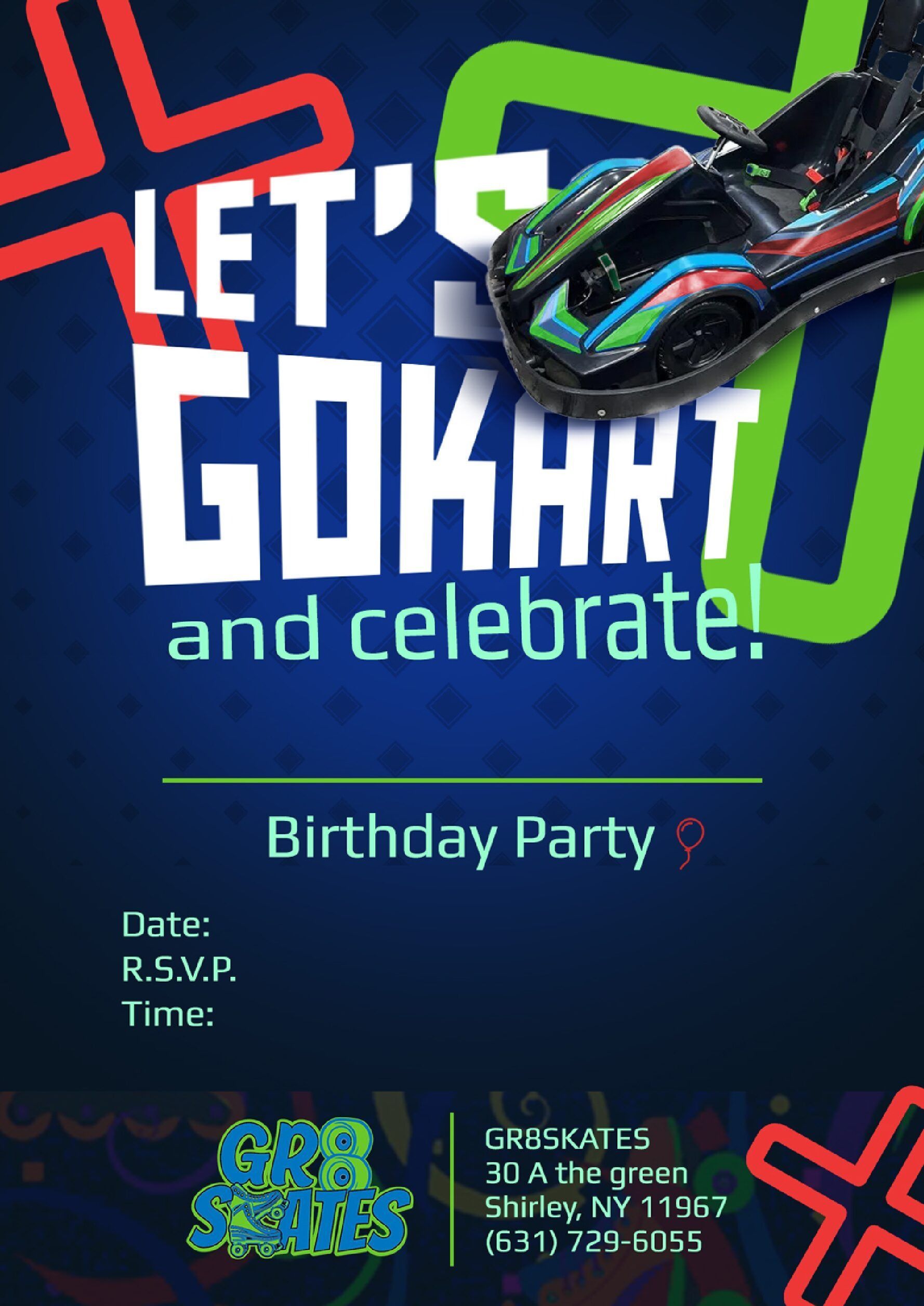 A birthday party invitation that says let 's go kart and celebrate