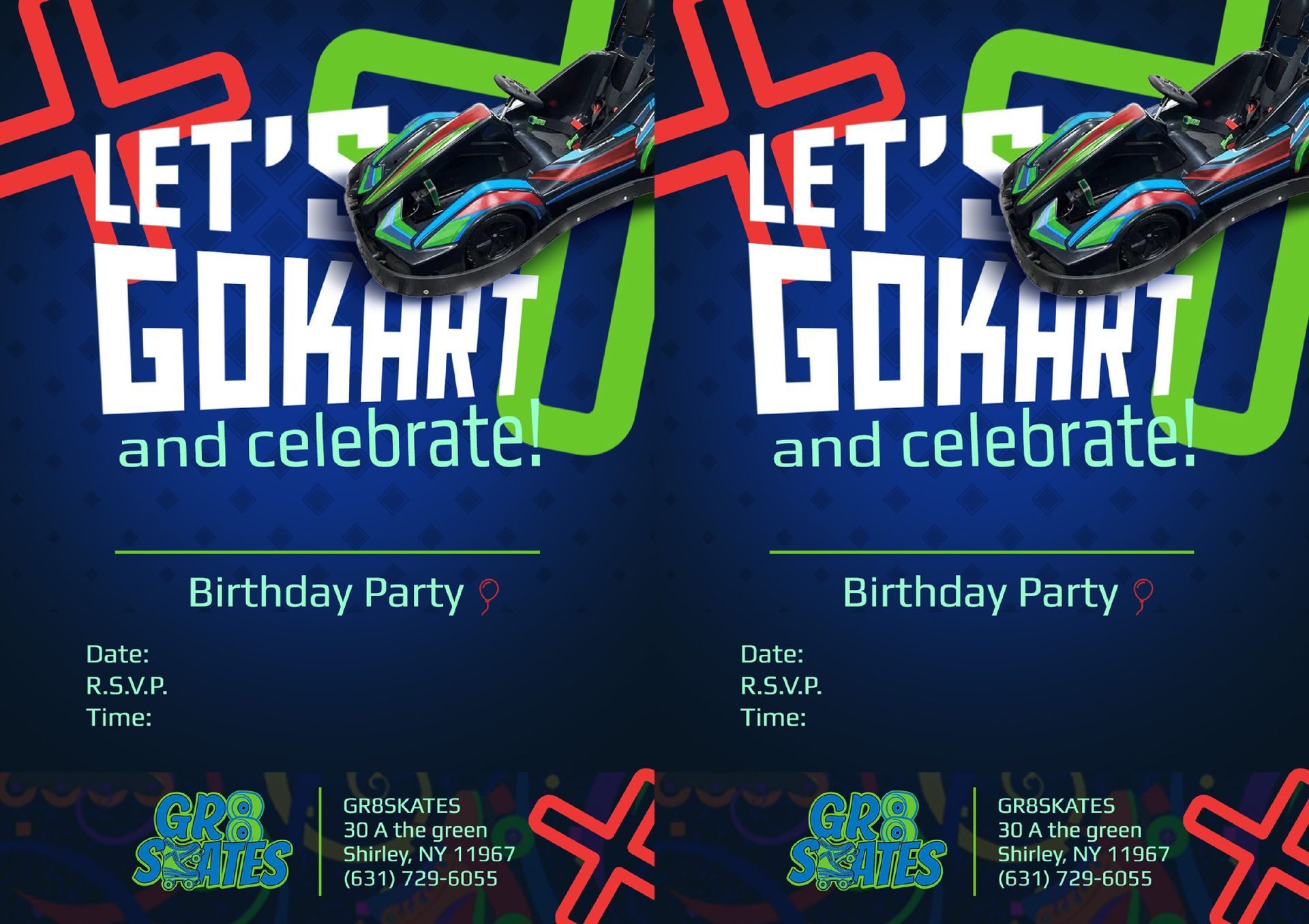 Two flyers for a birthday party that say let 's gokart and celebrate