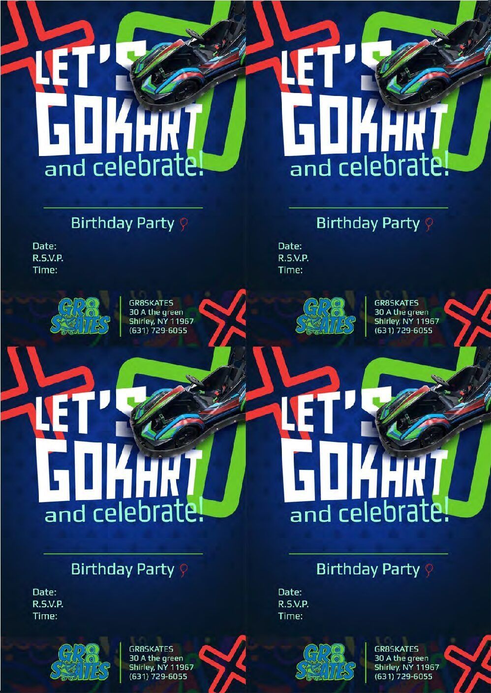 A set of four posters for a birthday party with cars on them.