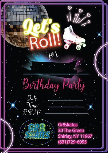 A birthday party invitation with roller skates and a disco ball.