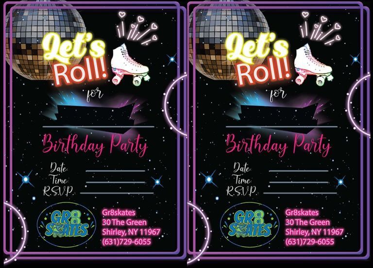 A birthday party invitation with roller skates and a disco ball.