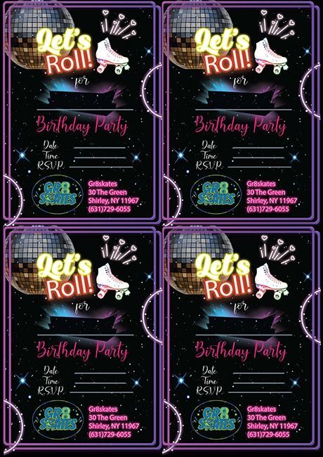 A birthday party invitation with roller skates and a disco ball.