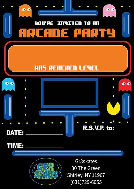 An arcade party invitation with pac man and ghosts on it