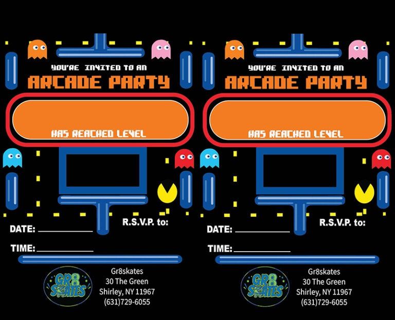 An arcade party invitation with a pac man theme