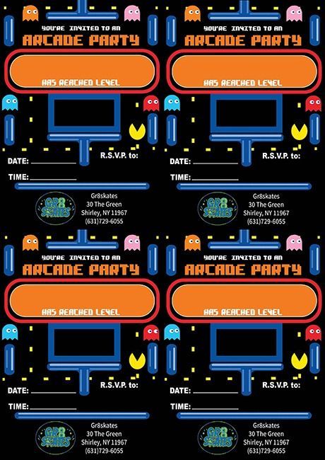 A set of arcade party invitations with pac man and ghosts on them.