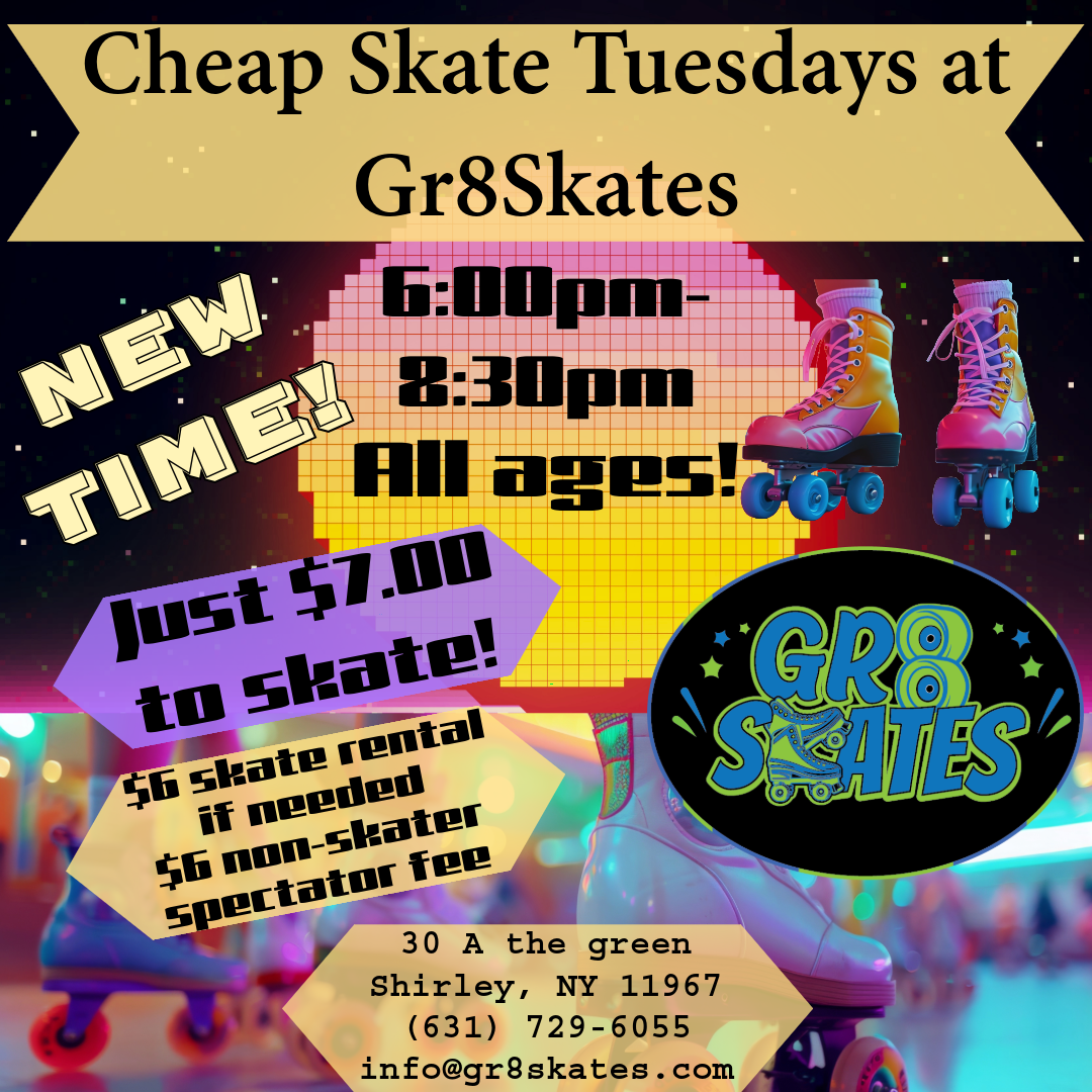 An advertisement for cheap skate tuesdays at gr8skates