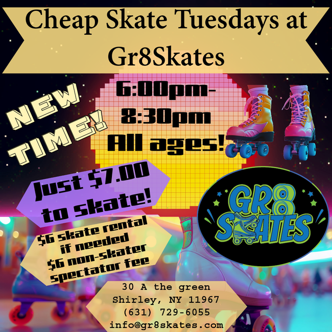 An advertisement for cheap skate tuesdays at gr8skates
