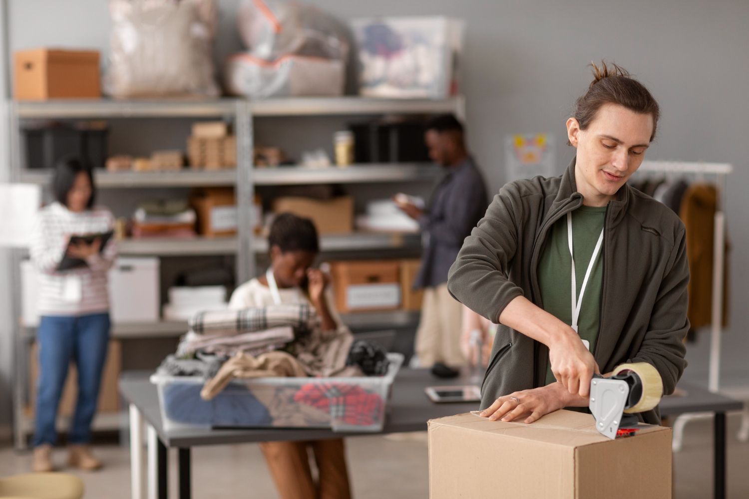 People packing boxes at a donation center; shelves in background.