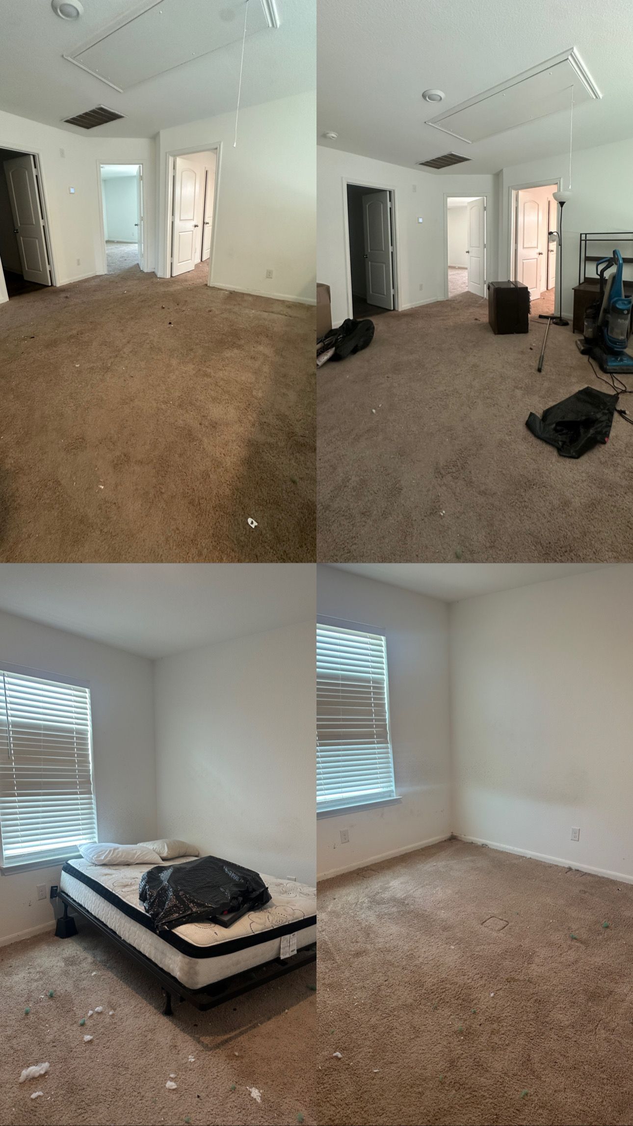 A collage of four pictures of a bedroom before and after being cleaned.