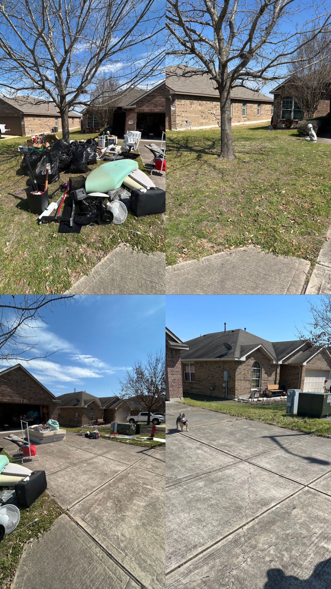 A before and after picture of a house with a lot of trash in the yard.