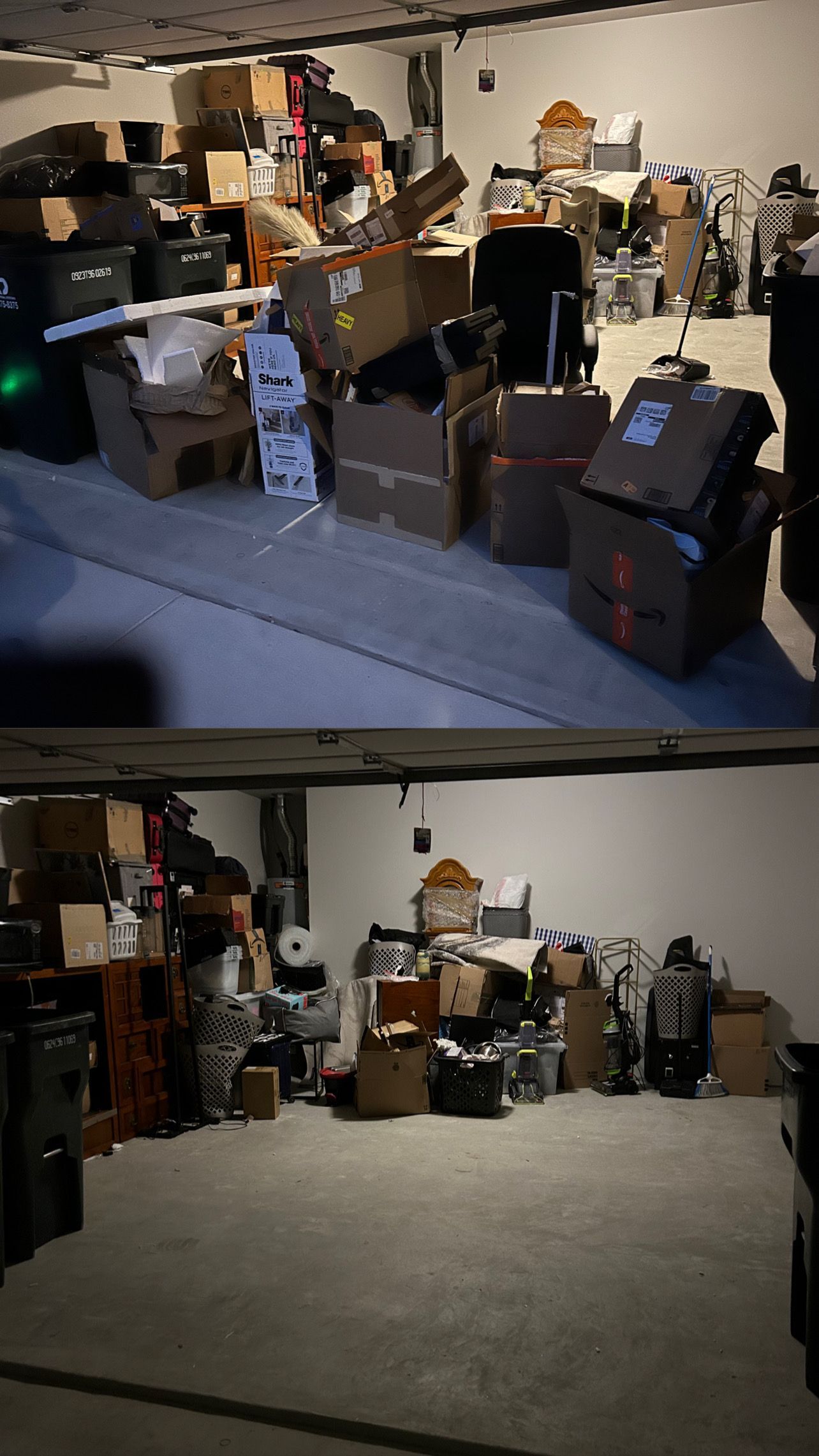 A before and after photo of a garage filled with lots of boxes
