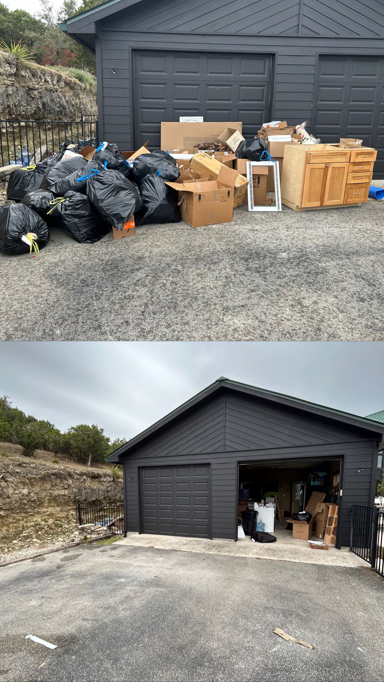 A before and after picture of a garage filled with garbage.